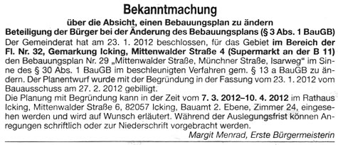 Bekanntmachung Auslegung